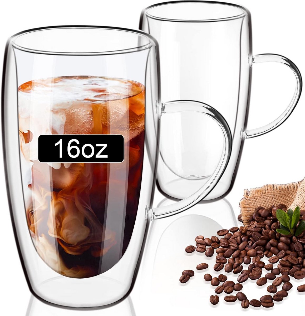 Set van 2 Dubbelwandige Glazen Koffiekopjes met Handvat 470ml