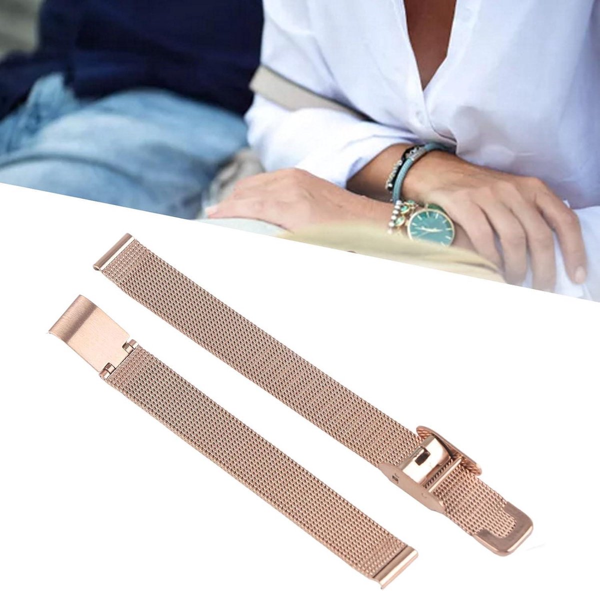 Allecto- Horlogeband - Roestvrijstalen - Mesh - Vervangingsaccessoire - Heren Dames - Roségouden - Geweven - Geschikt voor - Stalen - Vervangingsband - Mesh Horlogeband - Roestvrijstalen Horlogeband