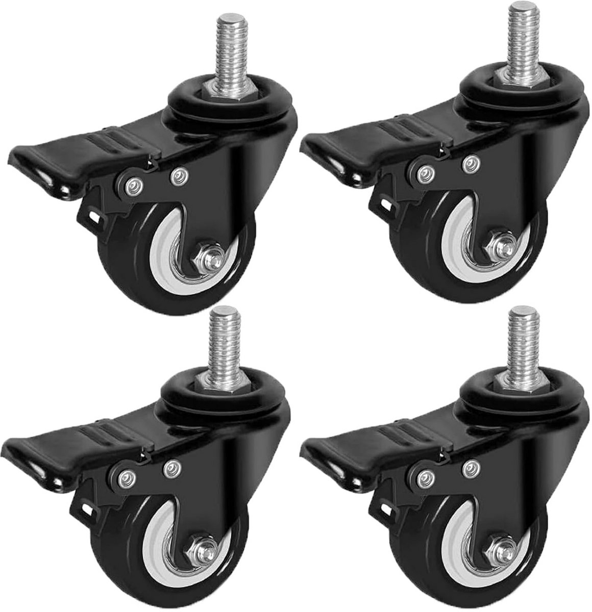 Set van 4 Zwenkwielen 50 mm met Rem tot 70 kg, 360 Graden Rubber Wielen voor Meubels en Apparaten, Zware Kwaliteit
