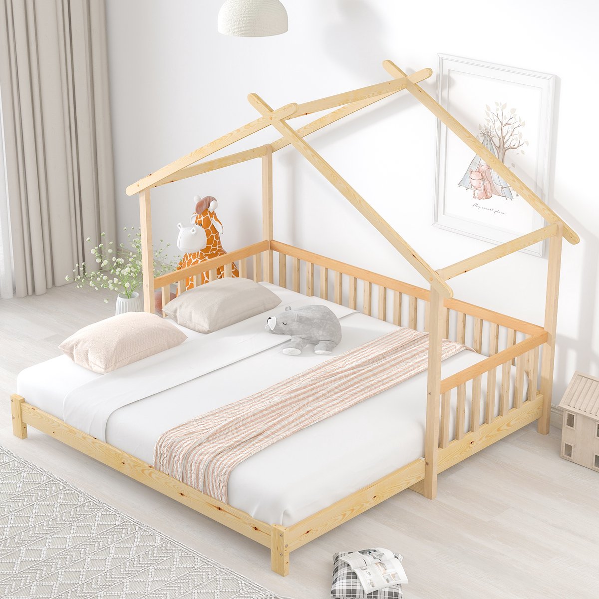 FloraGrace Huisbed 90x200cm En 180x200cm – Uitschuifbaar Kinderbed Tot Tweepersoonsbed – Met Driezijdige Bedhek – Zonder Matras – Massief Hout – Naturel