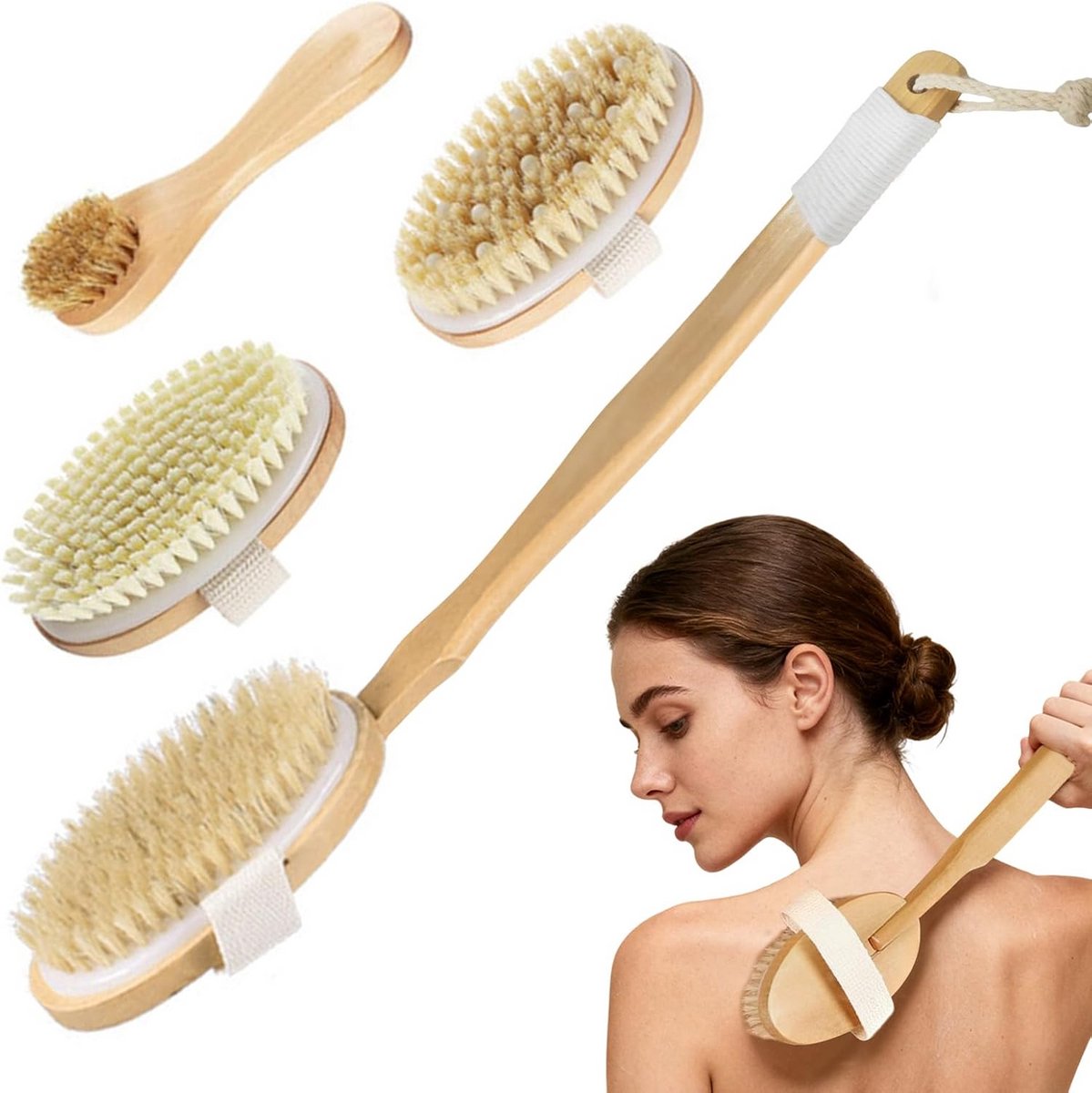 Lange Rugborstel Set met Natuurlijke Borstelharen voor Douchen en Peeling