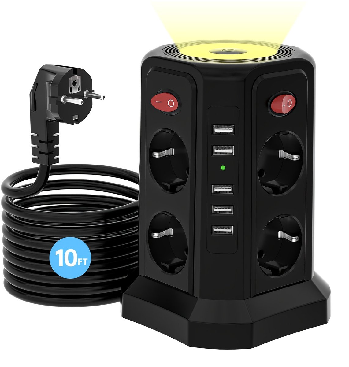 8-Uitgangen Verticale Stekkerdoos Toren – Overspanningsbeveiliging – 4-Zijdig Stroomstation met Individuele Schakelaars – 3-Niveaus Dimbaar Nachtlampje – 3,15 m Kabel