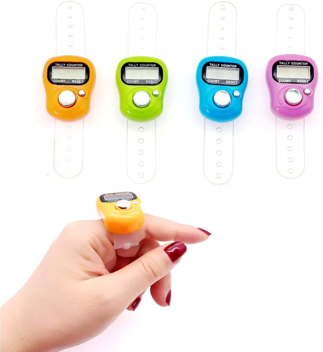 Digitale Vinger Teller - Steek Teller - Breien Haken - Verstelbare Riem - 35mm x 28mm - Meerkleurig