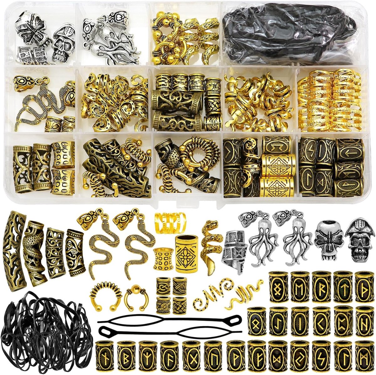 Viking Haaraccessoires - Runen Buiskralen - Haar Vlechten - 207 Delig Set - Metaal - Goud Zilver