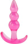 Roze anale plug met drie bolvormige segmenten en een gebogen handvat.