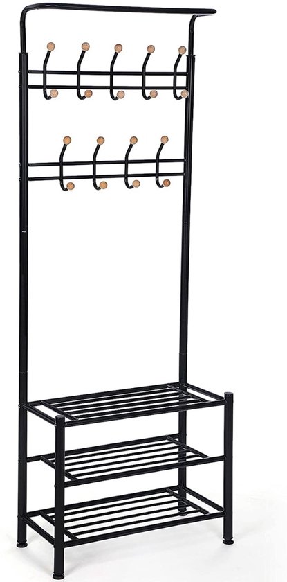 Zwarte metalen kapstok met 12 haken, hoedenplank en drie schoenenrekken. Alleenstaand product.