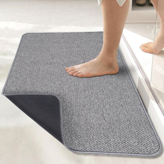 Badmat, ultradunne badkamermat, rubberen badmat voor de badkamer, antislip, sneldrogend, machinewasbaar, laagpolig, absorberend; voor buiten de douche, bij de wastafel en als woonaccessoire. Grijs (16 x 24 inch)
