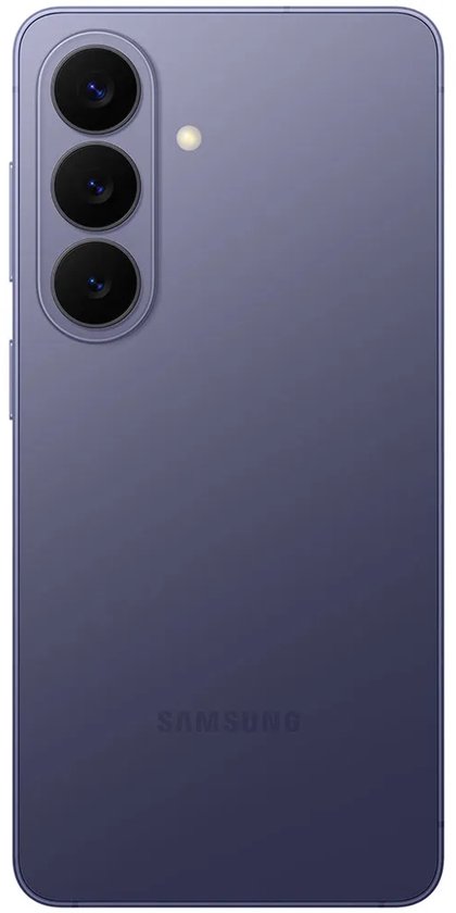Paarse Samsung Galaxy S26 smartphone, achterkant met drie camera's in verticale opstelling en Samsung logo.