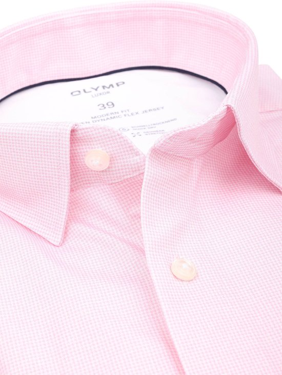 Lichtroze overhemd met pied-de-poule patroon en kraagdetail.OLYMP LUXOR, maat 39, Modern Fit, Dynamic Flex Jersey.