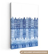 Canvas schilderij 80x120 cm - Exclusieve wanddecoratie Aquarel - Grachtenpanden - Delfts - Blauw - Muurdecoratie woonkamer - Slaapkamer decoratie - Kamer accessoires - Schilderijen op canvas