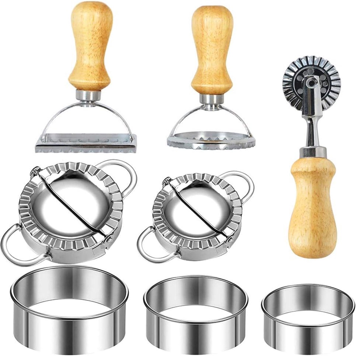 Ravioli Stempel Maker - Knoedel Vormen - Zelf Pasta Maken - Houten Handvat - Set Van 8