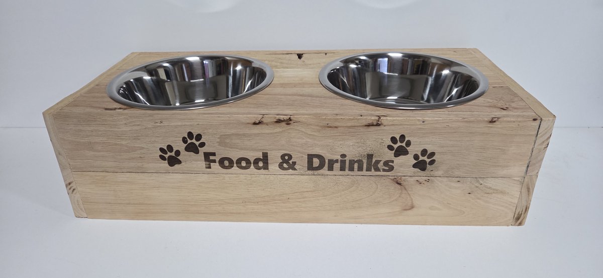 Voerbak hond - Houten voerbak - Dieren voerbak - Drinkbak - Drinkbak hond - Voer hond - Food en drinks - 54x26x15 cm