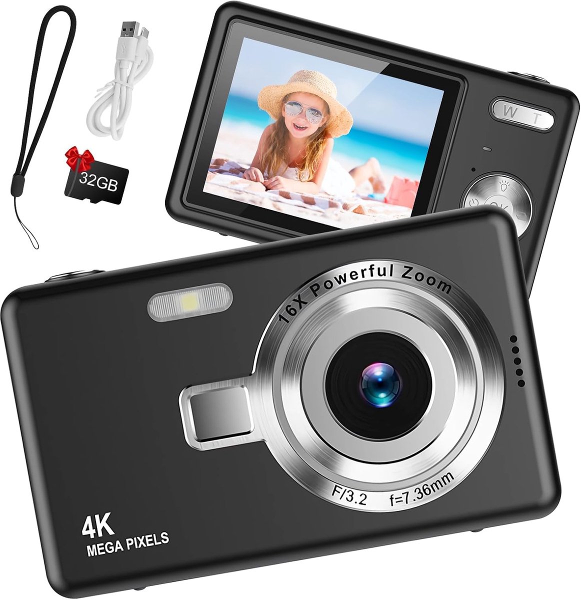 Camera - Digitale camera 1080p Full HD 44MP met 2,4 inch LCD-scherm - 16x digitale zoom - Compacte draagbare vlogcamera - Met 32 GB SD-kaart - Voor kinderen - Tieners - Studenten en beginners (zwart)
