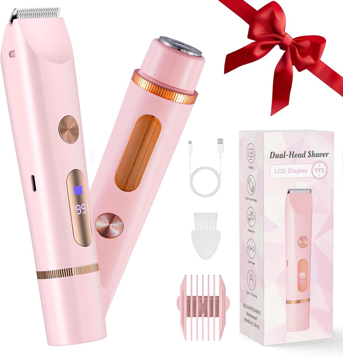 Scheerapparaat - 2-in-1 elektrisch scheerapparaat - Elektrische bikin trimmer voor vrouwen - Met dubbele kop voor vrouwen - Oplaadbaar nat en droog scheerapparaat voor vrouwen - Schaamhaar - Benen - Gezicht - oksels (roze)