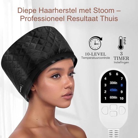 Zwarte stoomkap met aanraakscherm voor temperatuur- en tijdsinstelling, met icoontjes voor 10 niveaus en 3 timerinstellingen.