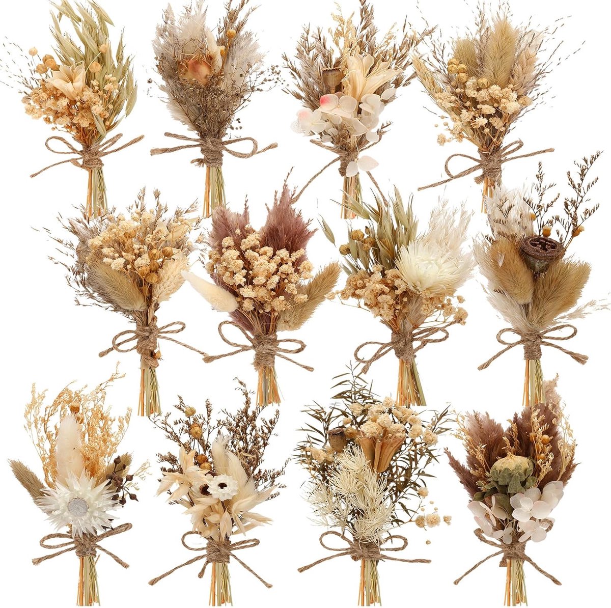 Mini Droogbloem Boeketten - Kleine Bloemboeketjes - Vazen Decoreren Knutselen - 12 Handgemaakte Boeketten - 13-18 cm - Natuurlijke Kleuren