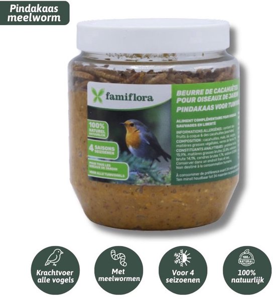 Pot vogelpindakaas met meelwormen en een afbeelding van een roodborstje. Tekst: 'Famiflora 100% natuurlijk Pindakaas meelworm'.
