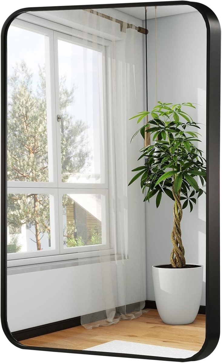 Zwarte Wandspiegel - Badkamer Spiegel - Make-up en Aankleden - Geborsteld Metaal Frame - 20x30 Inch - Zwart