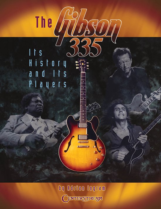 Boek "The Gibson 335 Its History and Its Players" met gitaren en muzikanten.