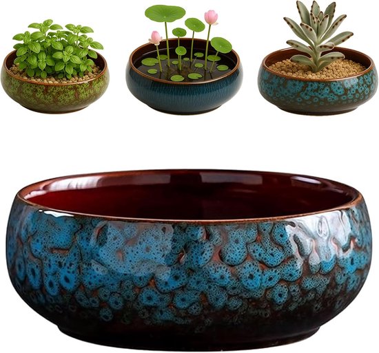 Lotus Bloemschaal - Keramiek - Blauw - ø 16.5cm - Hydroponie Vaas voor Waterplanten en Waterlelies - Decoratieve Bonsai Schaal - Lekvrije Waterschaal voor Binnen en Buiten