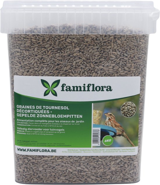 Famiflora Gepelde Zonnebloempitten - 6kg Emmer - Premium Voer - Schoon voeren - Voeding voor tuinvogels - Wintervoer