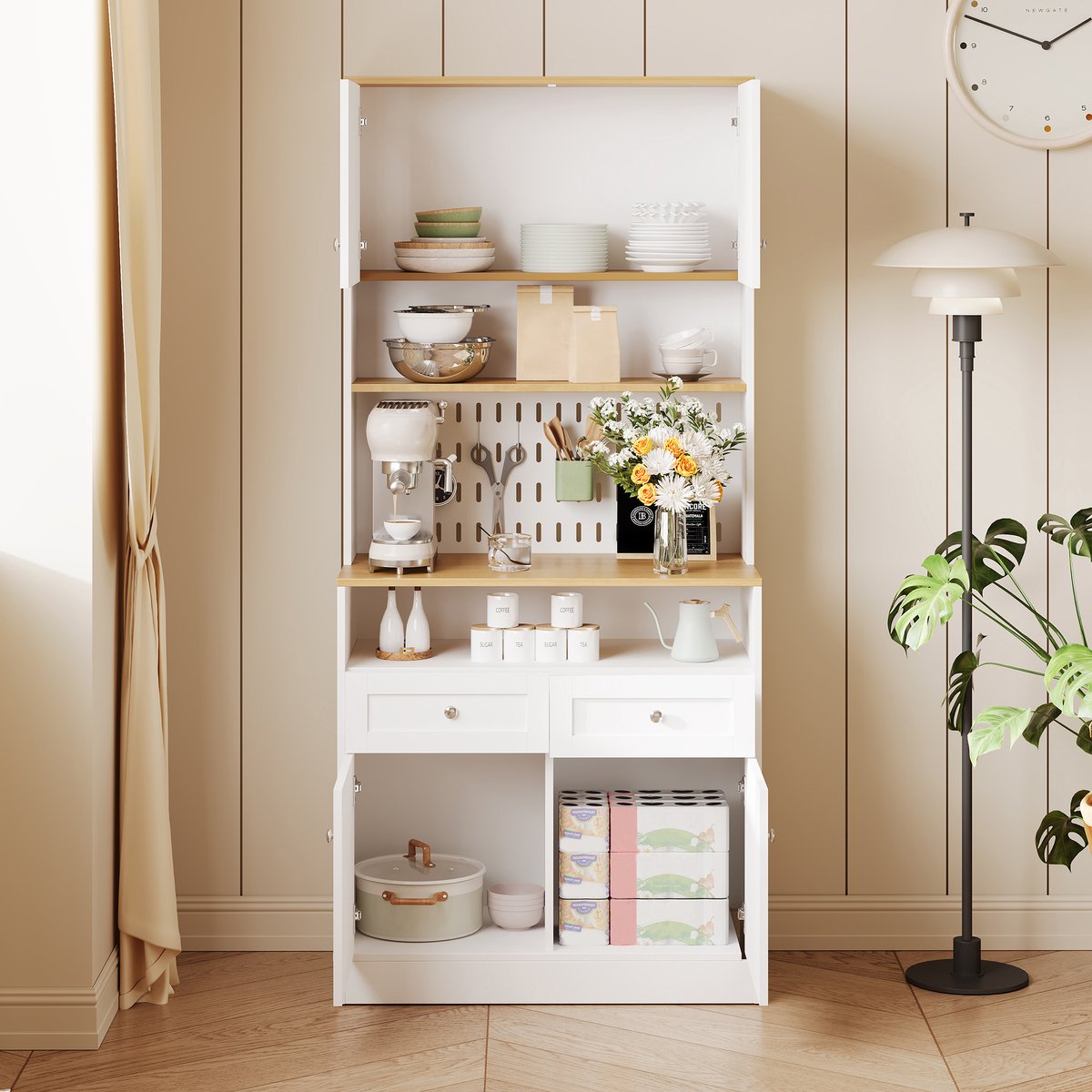 MODENUIT Dressoir - Schuifdeuren En Opbergvakken Voor Keuken En Eetkamer - MDF En Spaanplaat - 80x40x175 Cm - Wit