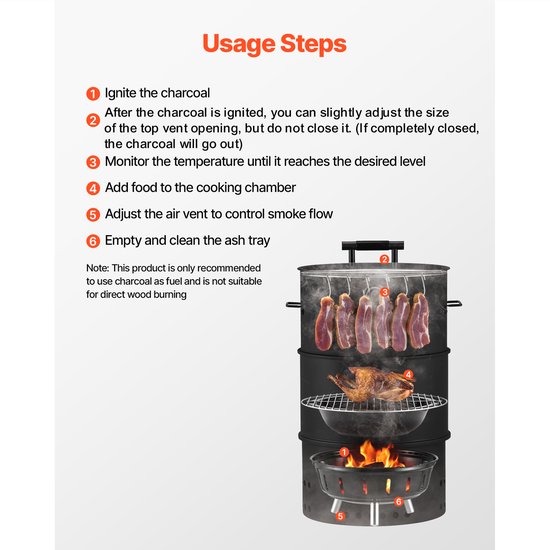VEVOR Rookoven, 470mm, Houtskoolgrill, Barbecue Rookoven, Gecoat Stalen Grillvat met 2 Grillroosters, 1 Ophangstang, 6 Haken en Thermometer van VEVOR — afbeelding 5