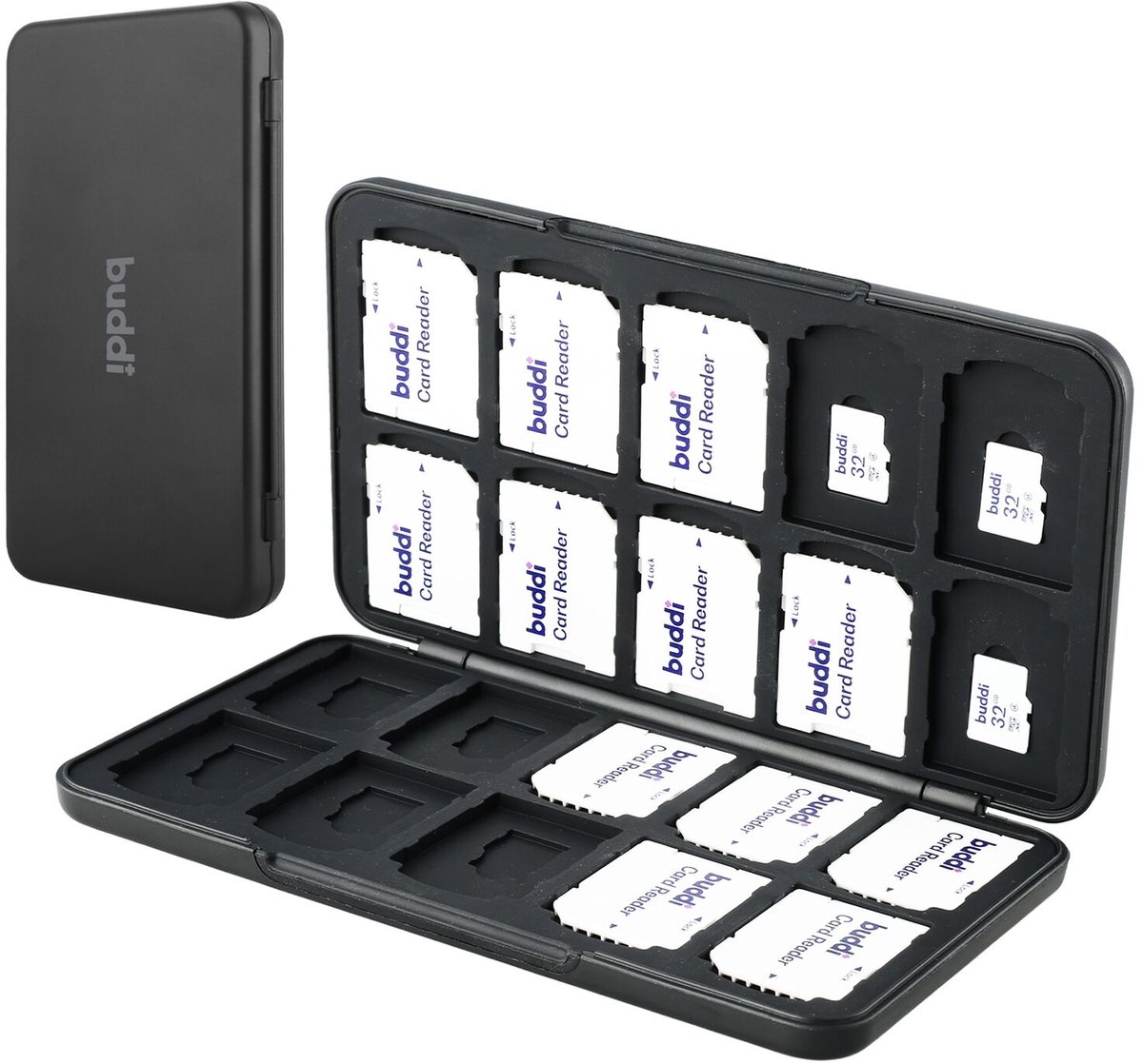 Buddi Sorted - SD Kaart Houder - Geheugenkaart Organizer voor 20 SD Kaarten & 20 Micro SD Kaarten - Memory Card Case - TF Kaart Opslag Doosje - Zwart