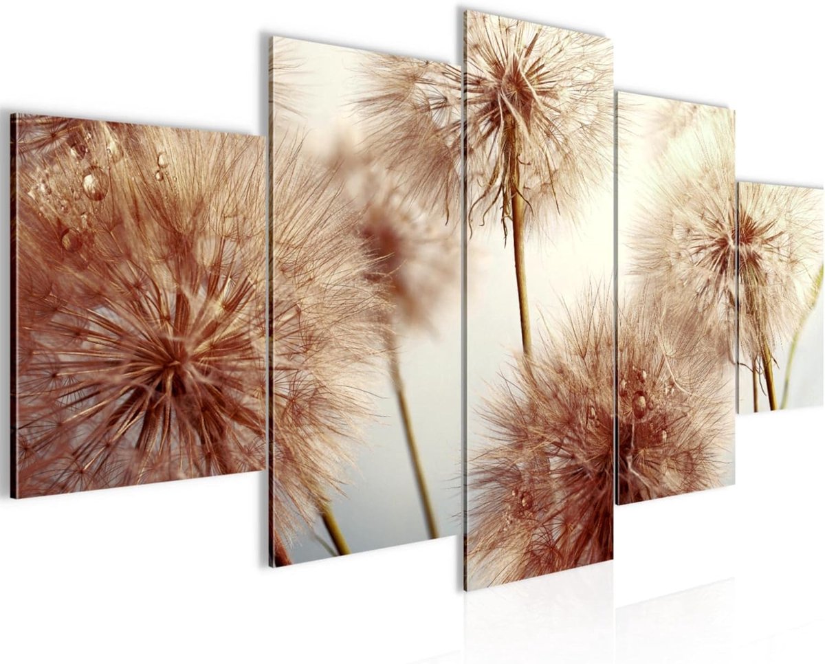 Bloemen Canvas - Paardenbloemen Decoratie - Woonkamer Verfraaien - 5 Delig Ontwerp - 100 x 50 cm - Natuurlijk Beige