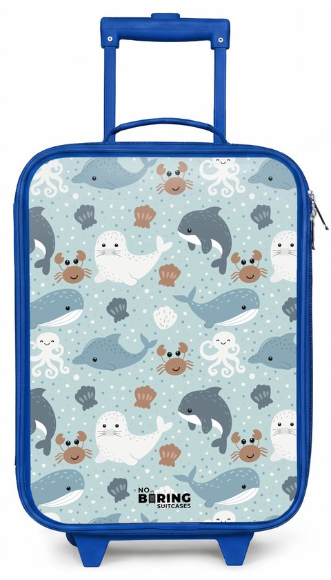 Blauwe kindertrolley met zeedierenpatroon: dolfijnen, zeehonden, krabben en schelpen.