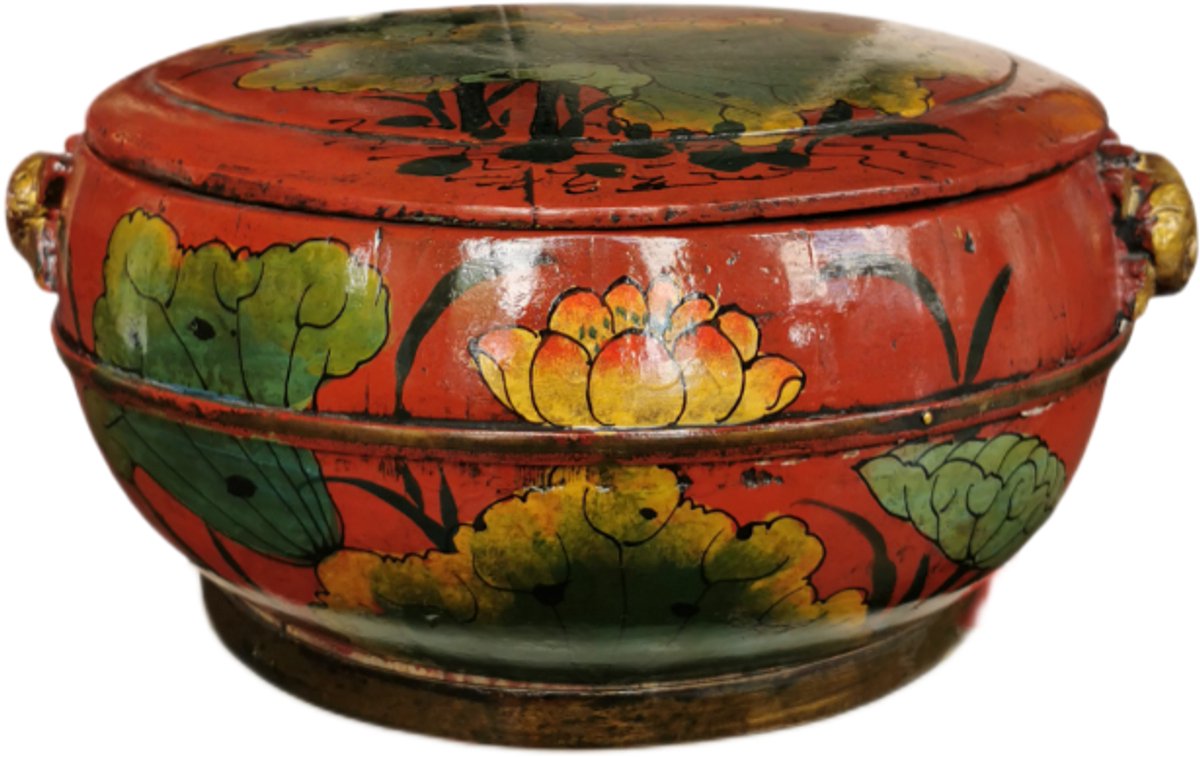 Fine Asianliving Antiek Chinese Wooden Handpainted Rice Container with Lid Red D40xH20cm