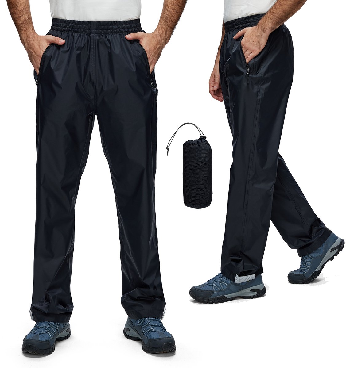 BUBW® Regenbroek Heren Premium | 100% Waterdicht | Ademend | Volwassenen | Met Reflecterende strepen | Inclusief opbergtas | Motorregenbroek | Fietsregenbroek | Maat XL - Zwart