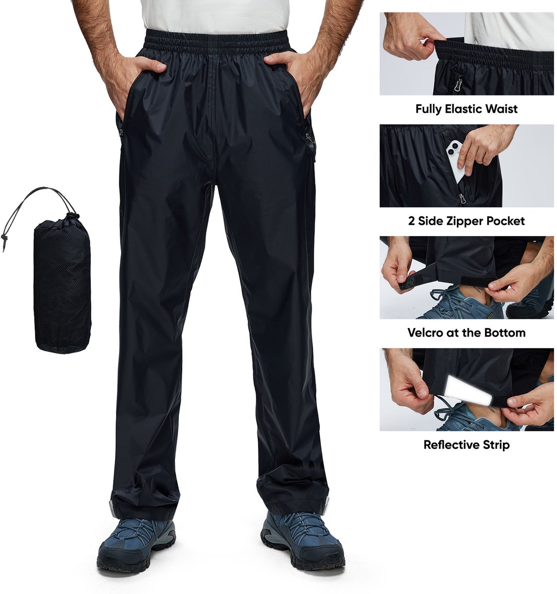 BUBW® Regenbroek Heren - 100% Waterdicht - Ademend - Volwassenen - Met Reflecterende strepen - Outdoorbroek - Maat XL - Zwart