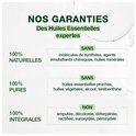 100% natuurlijke, pure en integrale essentiële oliën. Zonder synthetische moleculen, emulgatoren, minerale oliën, alcohol, terpentijn. Niet geamputeerd, ontkleurd, gede-terpenoid, gerectificeerd, geperoxideerd.