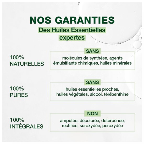 100% natuurlijke, pure en integrale essentiële oliën. Zonder synthetische moleculen, emulgatoren, minerale oliën, alcohol, terpentijn. Niet geamputeerd, ontkleurd, gede-terpenoid, gerectificeerd, geperoxideerd.