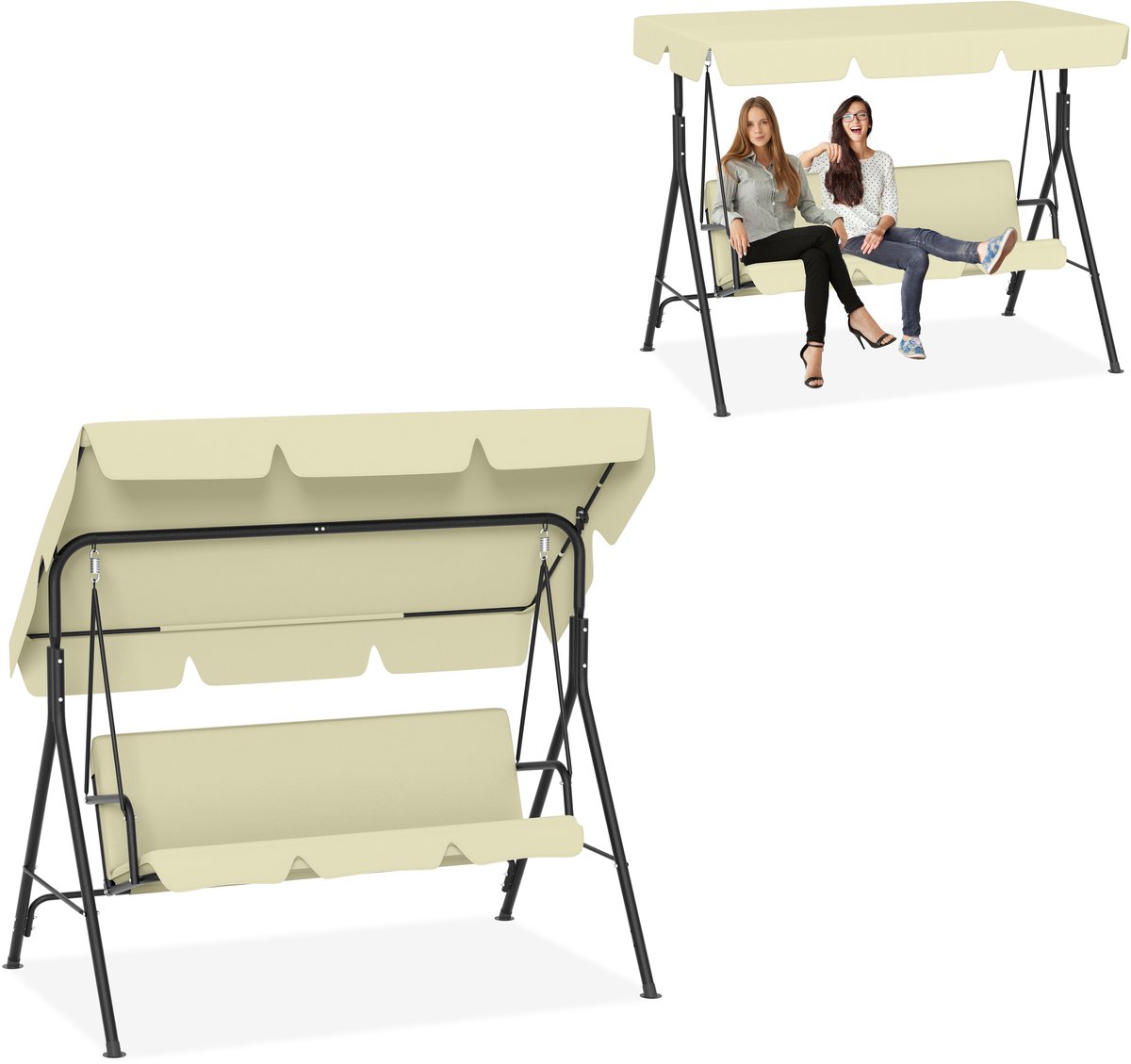 Aufun Schaukel 3 Zits - Tuinschommel Met Ligfunctie - Metalen Ligbank - Verstelbaar Zonnescherm - 193x110x152 cm - Beige