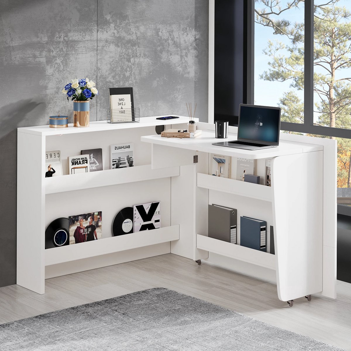 Aafinity Opklapbaar Bureau Met Wielen En Draadloze Oplader – Wit Dressoir – Dressoirkasten – Kastorganizer – 2-in-1 Tafelblad 115×27×93 Cm — cadeau in Cadeau-ideeën - foto 7