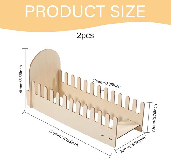 Houten displaystandaard met afmetingen: 270 mm/10.63 inch lengte, 90 mm/3.54 inch breedte, 141 mm/5.55 inch hoogte.