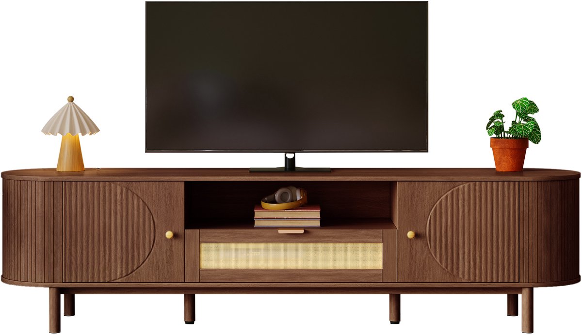 TV-meubel - Rattan Laden - Open Vakken en Ronde Tafelblad - Multifunctioneel - Hout - Natu