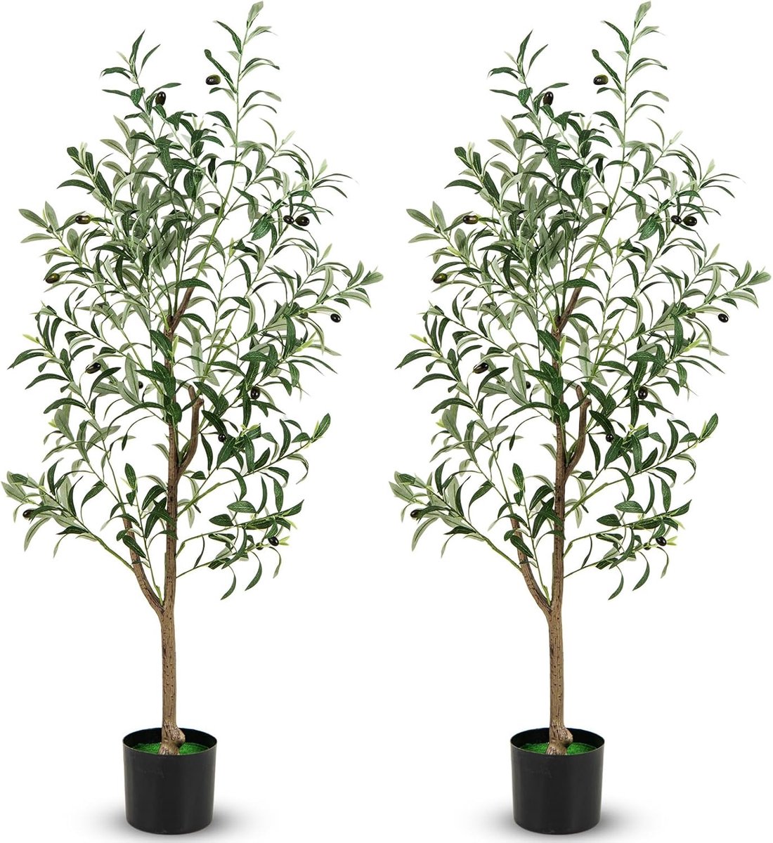 KOMFOTTEU 2 Stuks 130 cm, Kunstmatige olijfbomen, 130 cm, kunstplant met realistische bladeren en vruchten, robuuste PE-stam en stabiele bodem, decoratieve plant voor binnen en buiten