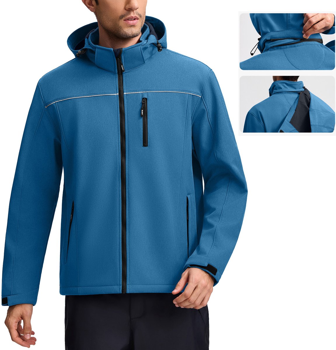 BUBW® Windjack Heren Outdoorjas Softshell Jas 4 Seizoenen Lichtgewicht Outdoor Herenjas Waterdicht & Ademend – Rits Zakken Warme Fleece Gevoerd Met Capuchon Blauw