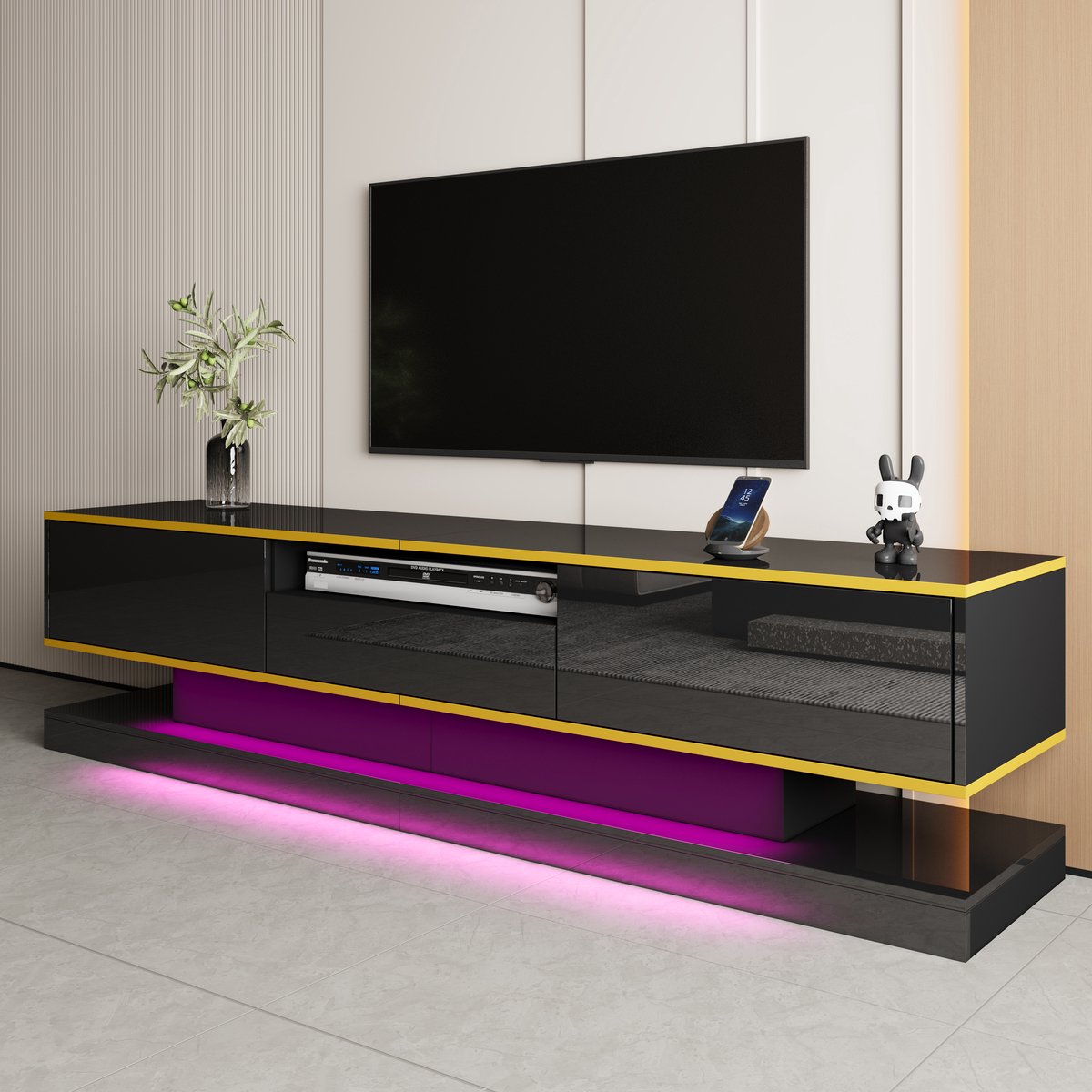MIVRAY Tv Meubel - Hoogglans Met Ledverlichting En 3 Lades - Opbergvak Voor Woonkamer- 180x38x45 cm - Spaanplaat - Zwart+Goud