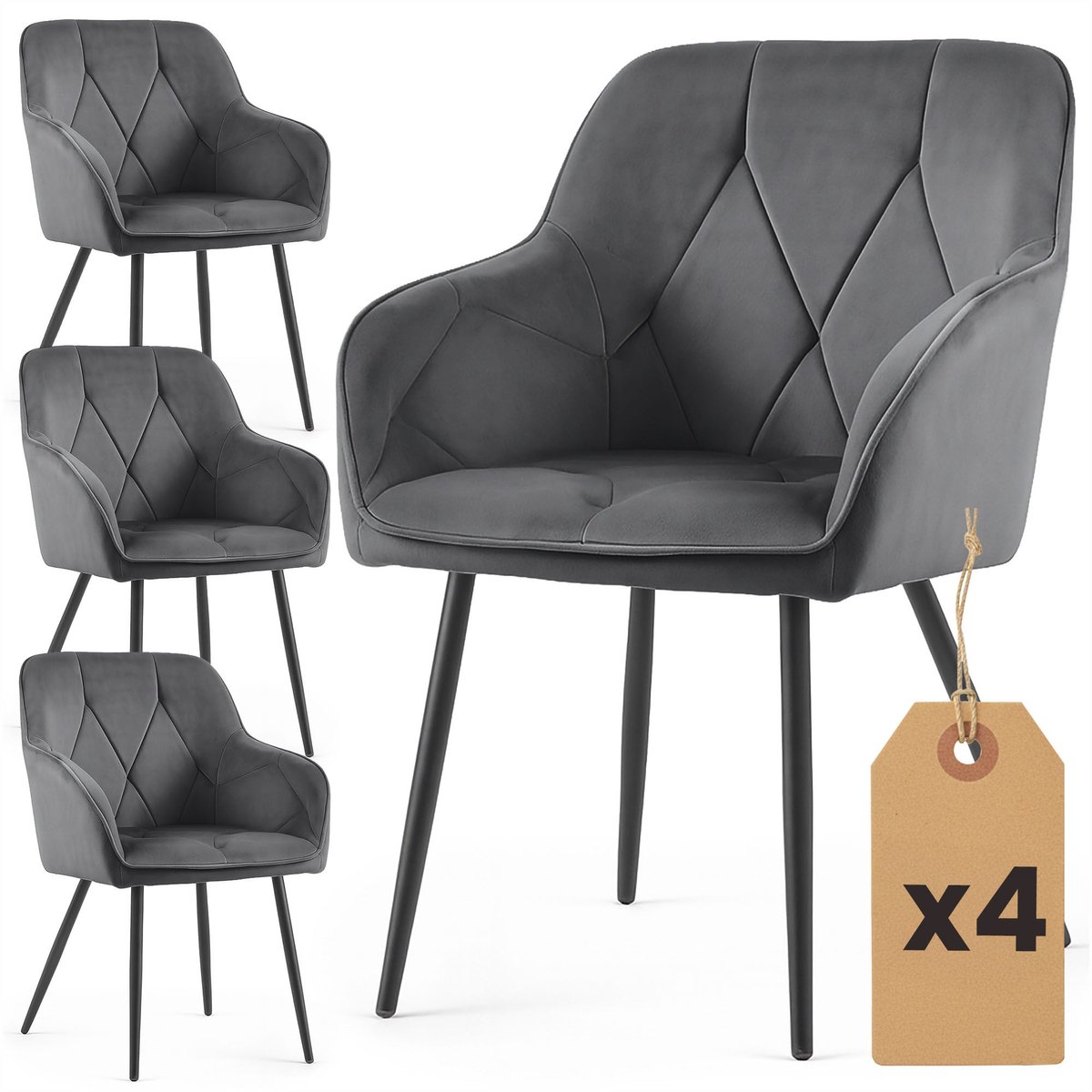 Set van 4 Eetkamerstoelen DIAMANTE met Armleuningen / Gestoffeerde Stoelen / Fluwelen Stoelen en Metalen Poten / Antraciet met zwarte benen
