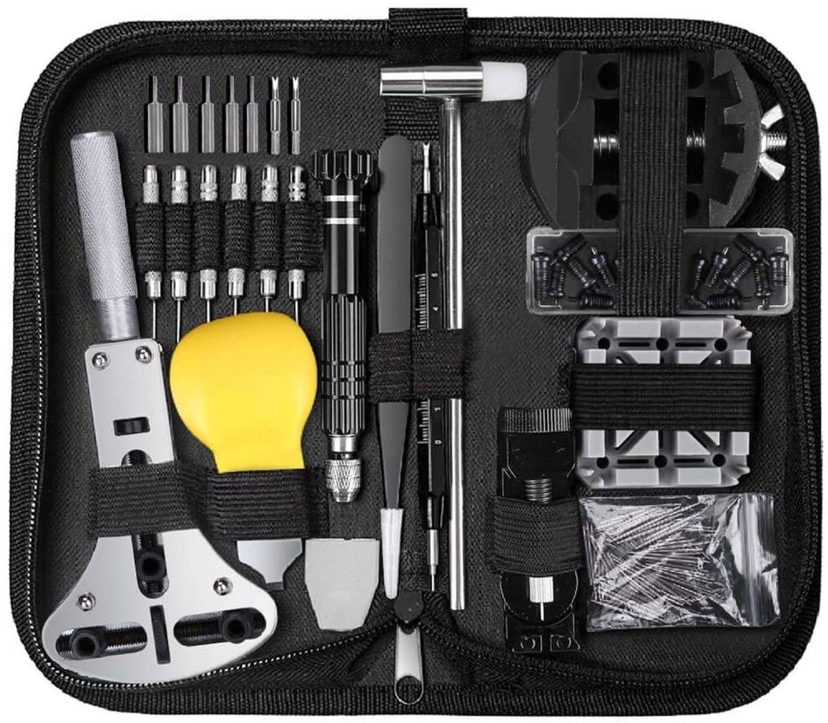 Horlogemakersgereedschapset, 153-delig, professioneel horlogemakersgereedschap, grote verstelbare kastopener, wijzerverplaatser, schroevendraaier. Geschikt voor het vervangen van horlogebandjes en batterijen van de meeste horloges.