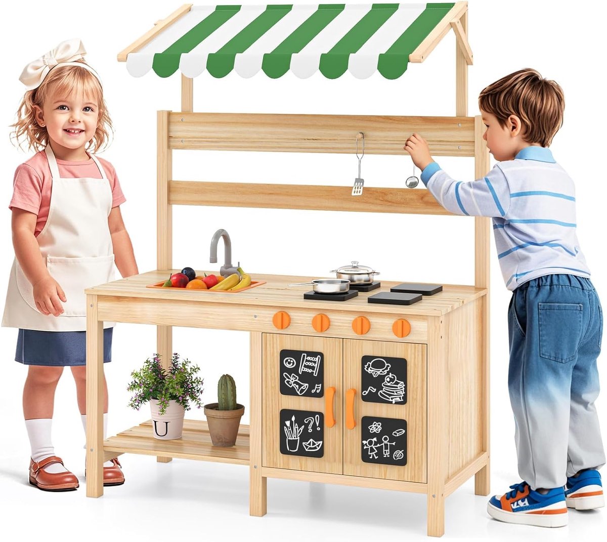 KOMFOTTEU Houten Modderkeuken - buitenkeuken - met zonnedak - kinderkeuken outdoor - met 4 kookplaten, gootsteen, kraan, zwarte borden en accessoires - buiten speelkeuken - voor kinderen vanaf 3 jaar