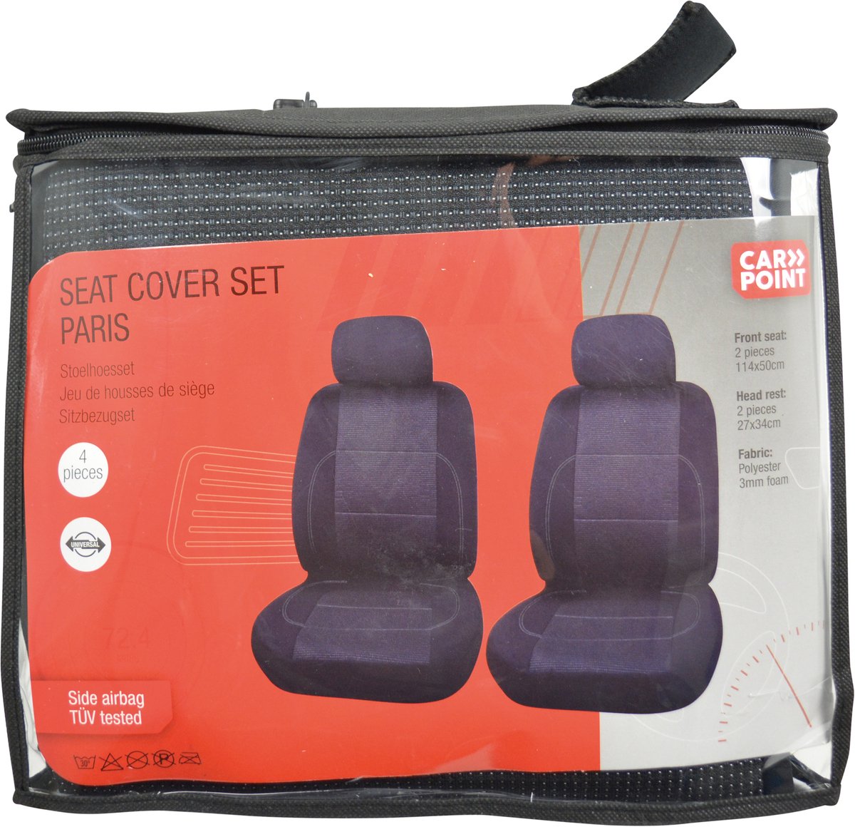 Carpoint Stoelhoesset Paris 4-Delig – Voorstoelen – Zwart/Grijs – Wasbaar – Geschikt voor Zij-Airbag – Universeel