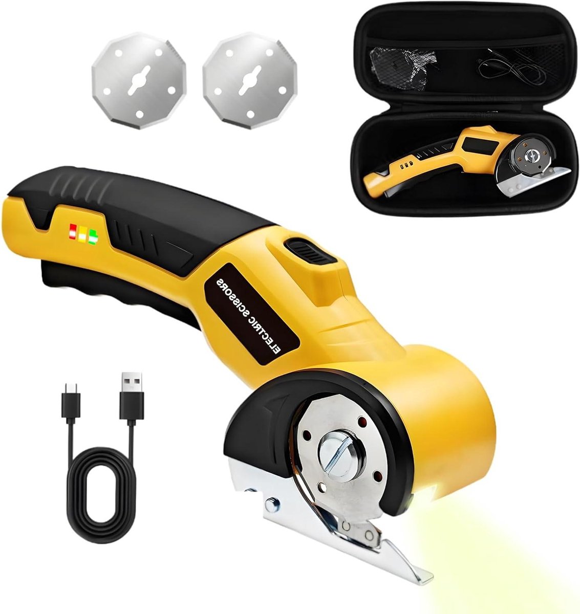 Elektrische Kartonnen Snijder met LED Verlichting en Oplaadbare Rotatieschaar - Draadloos Snijgereedschap voor Stof, Leer en Karton - 4,2V / 2,0Ah