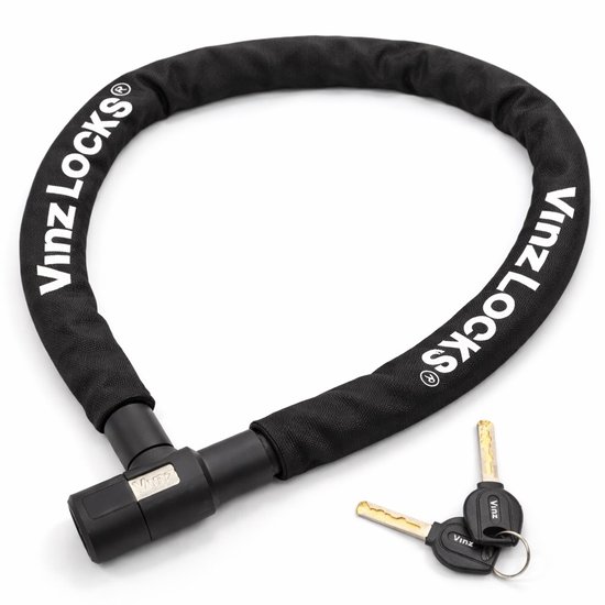 Cadenas à chaîne noir VINZ LOCKS avec 2 clés, posé sur fond blanc.