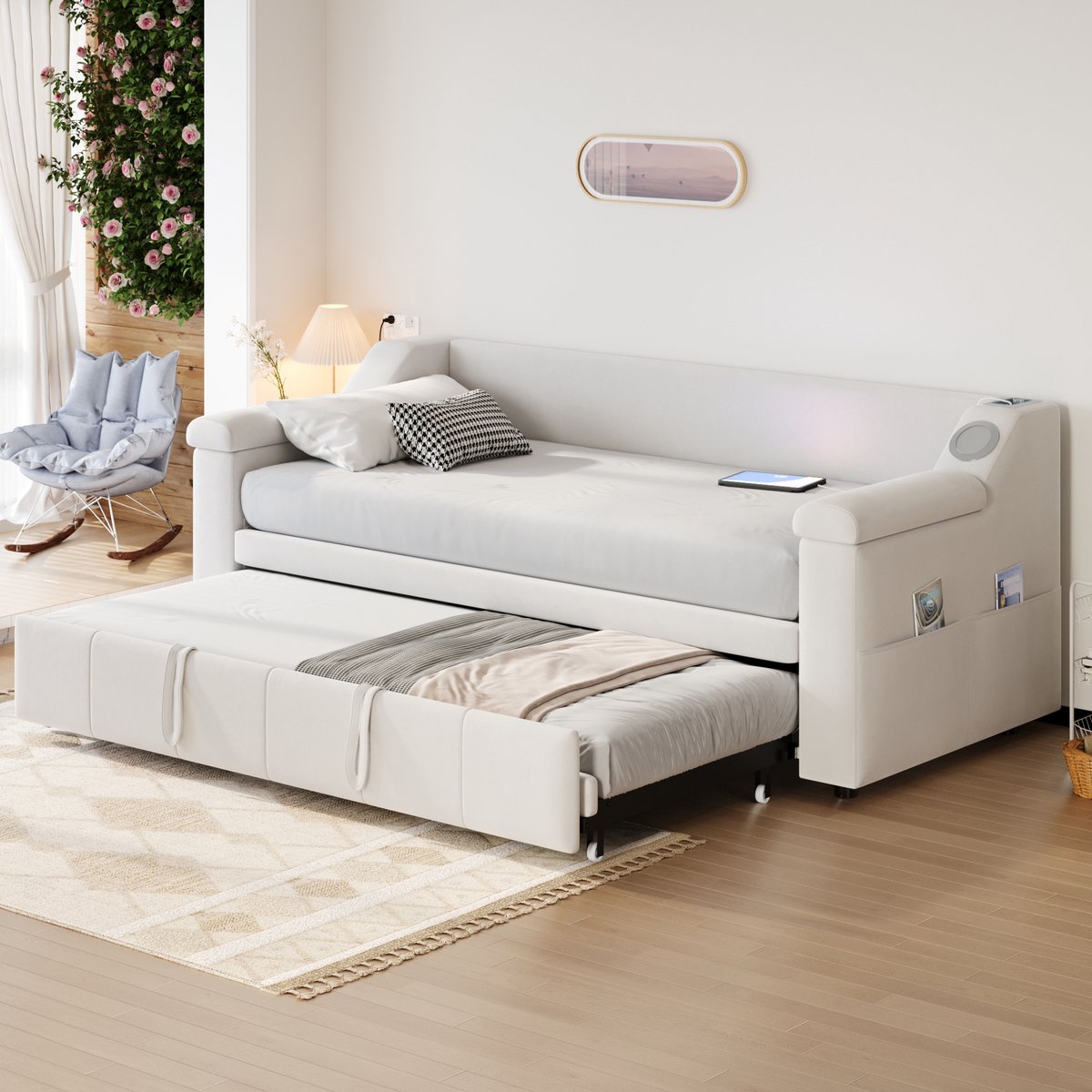 MIVRAY Slaapbank 90x190cm - Uitschuifbaar Naar 180x190cm - Met Bluetooth Stereo En USB Aansluiting - Fluweel - Beige - Zonder Matras