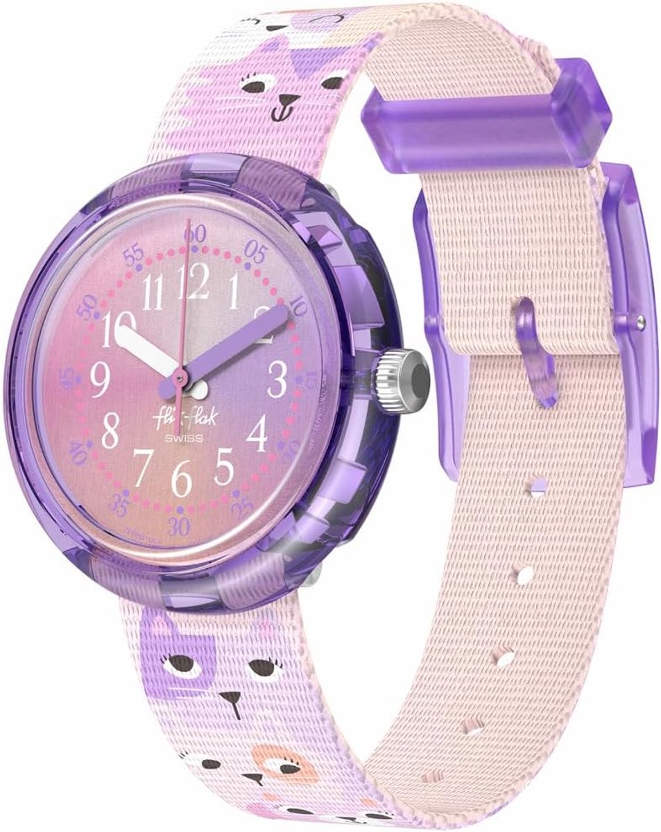 Kindhorloge Paars Roze met Kattenmotief Analoge Wijzerplaat